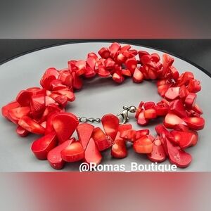 Red Coral Statement Necklace With Silver Tone Clasp and Extender